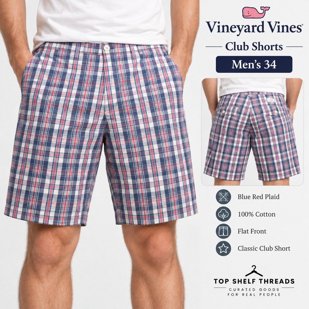 Vineyard Vines Club Short Men 34 Red White Blue Plaid Cotton Chino Preppy Golf
